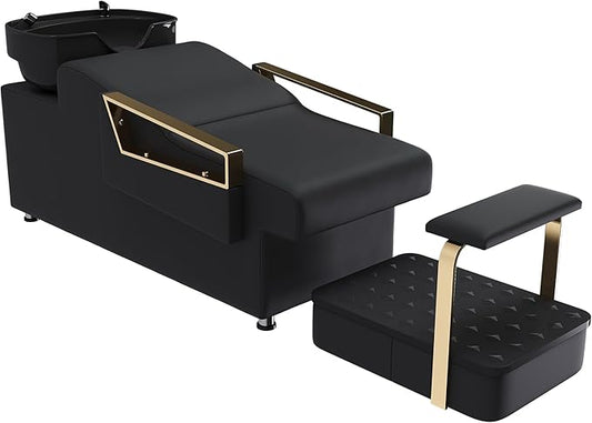Shampoo Bowl and Chair Set for Salon, Hair Washing Station for Hair Stylist, ABS Backwash Shampoo Bowl Sink with Independent Footrest for Spa Beauty Barbershop(Black+Gold)