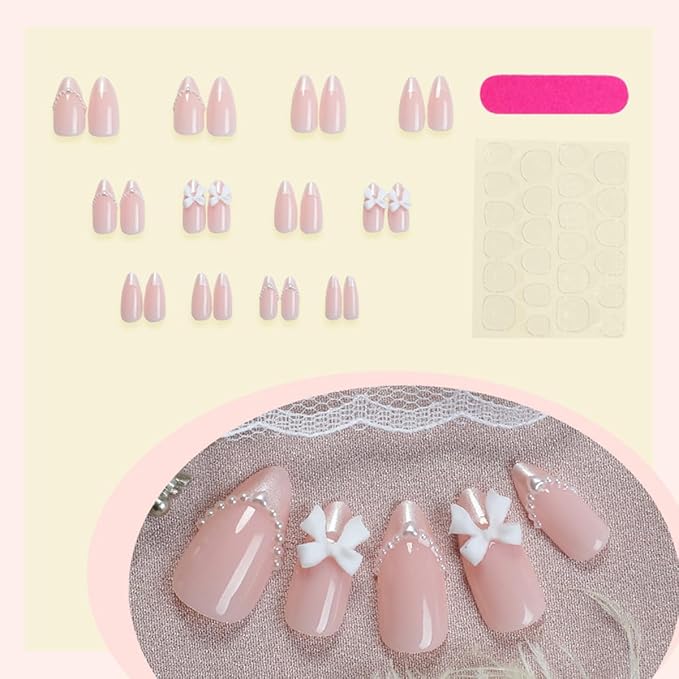 24Pcs French Tip Press on Nails Almond Fake Nails with 3D Bow Designs Nude Pink Acrylic Nails Stick on Nails Cute Pearl Bow Charms Full Cover Glue on Nails for Women Manicure Supplies