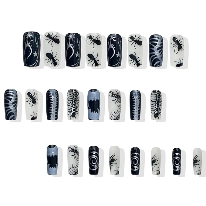 24Pcs Halloween Press on Nails Square Medium Fake Nails with Halloween Ant Centipede Spine Horror Style Pattern Design Black White False Nails Glue on Nails for Women DIY Manicure Halloween