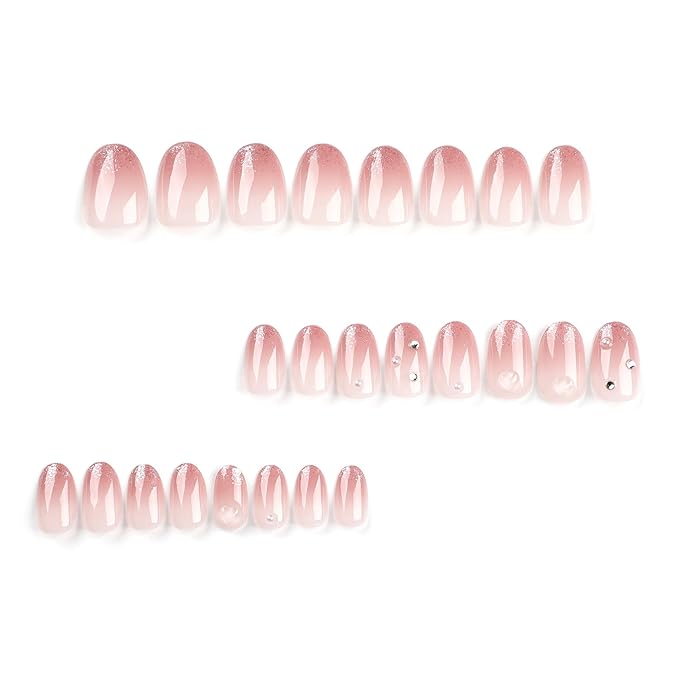 Nude Glitter Cat eye Press-On Nails – 24 Long Oval Nails, 12 Sizes, Pink Sheer Base with Rhinestone Accents, Glossy & Elegant, Includes Tool Kit, Easy DIY
