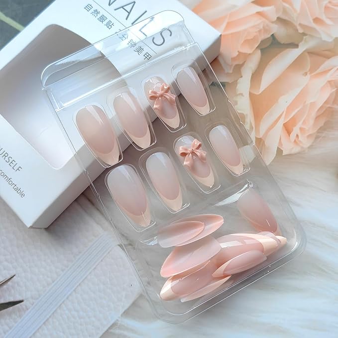 24Pcs Pink French Tip Press on Nails Medium Almond Shaped Fake Nails Cute Bow Charm Design Glue on Nails Reusable Acrylic False Nails Nude Pink Stick on Nails for Women Girls French Stiletto Manicure