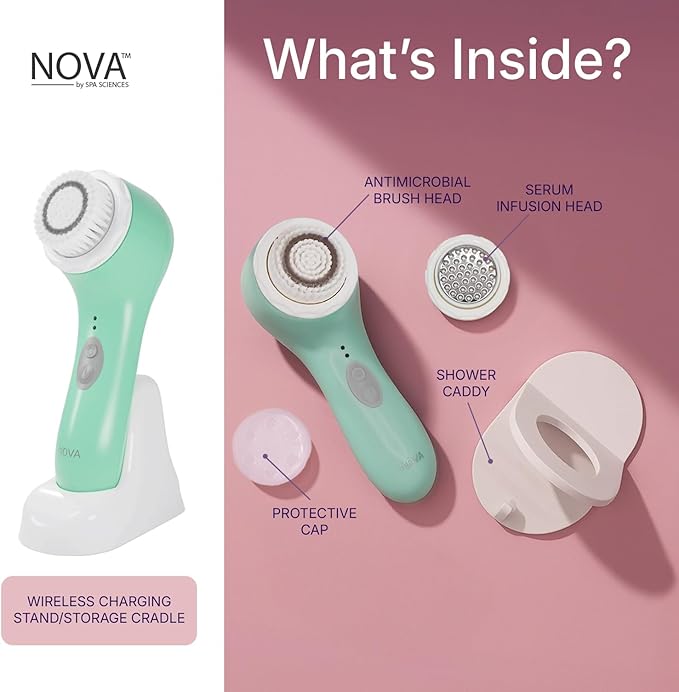 Spa Sciences - NOVA - Sonic Cleansing Brush with Bristles & Infusion System – Anti-Aging Facial Exfoliating, Waterproof, and USB Rechargeable
