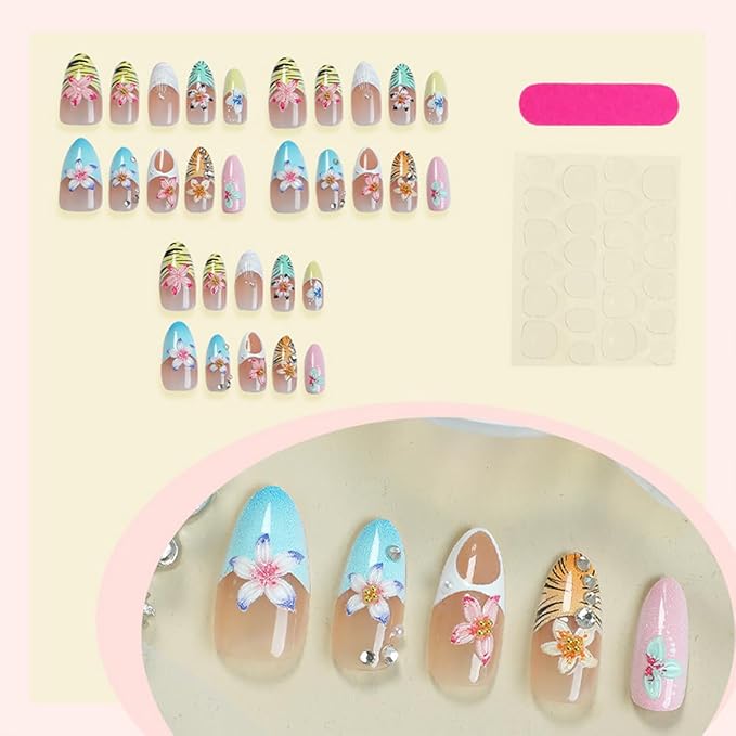 24Pcs Colour Flower Press on Nails Medium Almond Fake Nails French Tip False Nails with Leopard Print Water Ripple Design Spring Summer Stick on Nails Full Cover Artificial Glue on Nails for Women DIY