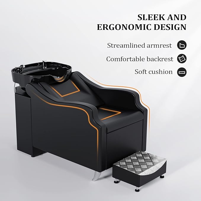 OmySalon Shampoo Backwash Unit with Large Porcelain Bowl, Salon Sink Hair Wash Chair Shampoo Station, Barbershop Beauty Spa Massage Hairdressing Equipment