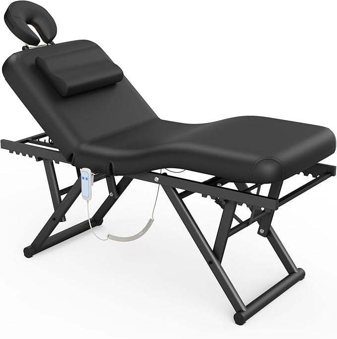pouseayar Adjustable Massage Table with Face Pillow & Headrest, Sturdy and Solid, Silent and Easy to Adjust - Adjustable Backrest, Electric Leg Lifting, Black