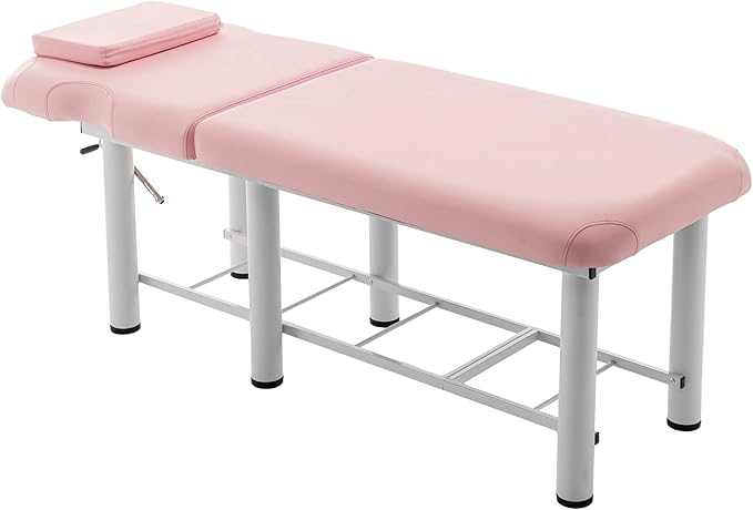 Professioanl Massage Table w/Adjustable Backrest for Treatment Table Spa Facial Bed Barber Beauty Equipment, Metal Frame PU Leather, Removable Headrest Salon Bed, Pink