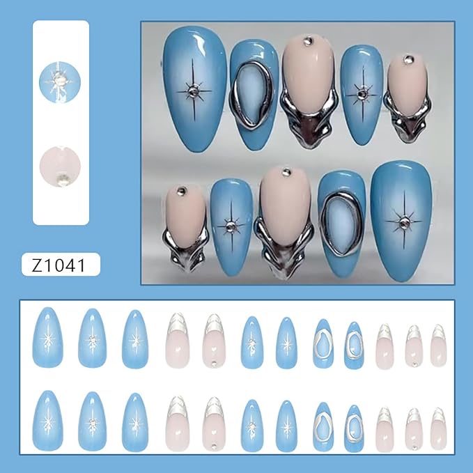 24Pcs Silver French Tip Press on Nails Medium Almond Fake Nails Star with Rhinestones Glitter Designs Artificial Blue Full Cover Acrylic Glue on Nails Y2K False Nails for Women Daily Wear Decorations