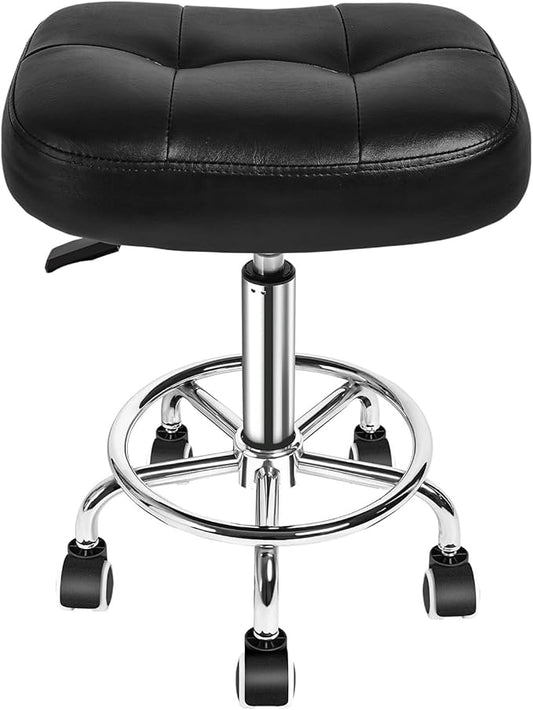 Rolling Stool Wider Rectangular Cushion-Provides a Comfortable, Stable Support Surface with Loop Footrest for Leg Support,Adjustable Stool with Wheels for Salon Tattoo Massage Office Home (Black)