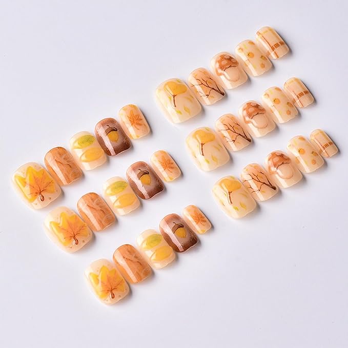 30Pcs Fall Press on Nails Short Square NEWSPIED Fake Nails with 3D Maple Leaf Mushroom Pine Cones Design Autumn Thanksgiving Nails Reusable Artificial Nails Glossy Full Cover Glue on Nails for Women