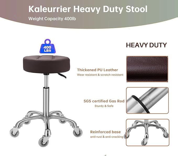 Kaleurrier Adjustable Rolling Stool for Salon: Heavy Duty Swivel Chair with Wheels for Hairdresser Esthetician Lash Tech - Spa Home Office Kitchen Dental Tattoo Shop Use - Seat Height 22”-30” - Brown