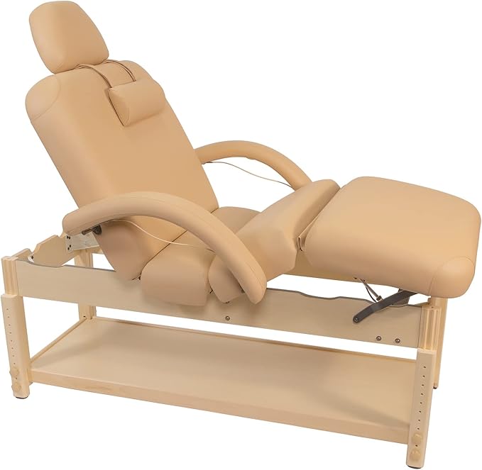 Professional Massage Table - Heavy Duty Stationary Spa Bed with Adjustable Headrest and Pneumatic Lift System - Includes Headrest and Arm Rests - Beige