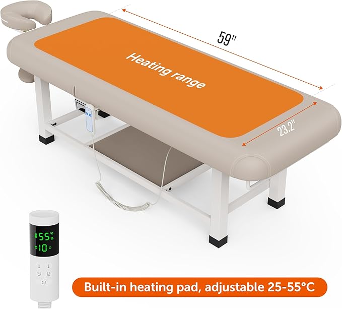 pouseayar Heating Function Heavy Duty Electric Stationary Massage Table with Backrest Adjustable and Storage Space for Treatment/Medical Spa/Facial/Beauty/Massage Bed - 30 x 75 - Beige Gray