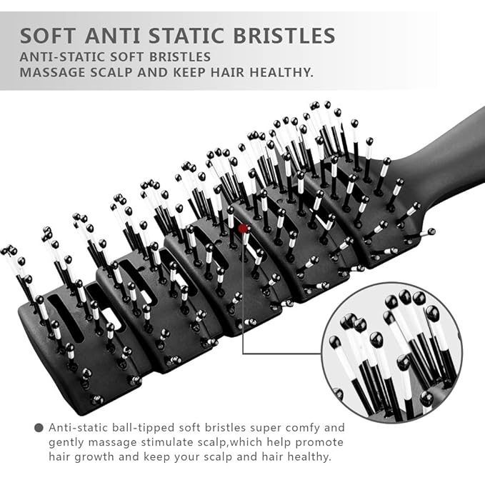 Vented Styling Brush with Ball-Tipped Bristles for Blow Drying Wet, Short, Curly, or Straight Hair for Men and Women (Black)