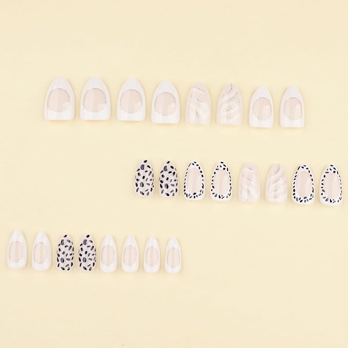 Almond Press on Nails Polka Dots Fake Nails woth Stripe Design Black White Glue on Nails Glossy Full Cover Artificial Acrylic Short Stick on Nail for Women Girls Manicure 24Pcs