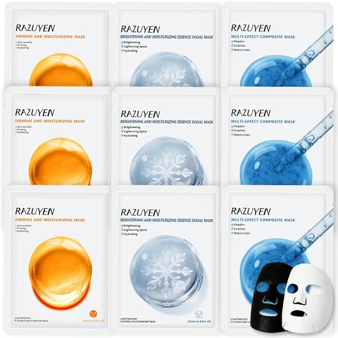 Face Sheet Masks (9 Variety Packs), with Peptides, Vitamin C and Panthenol B5, Anti-aging, Brightening, Soothing Facial Skincare Gift Set for All Skin Types, Moisturizing and Firming Mask Set