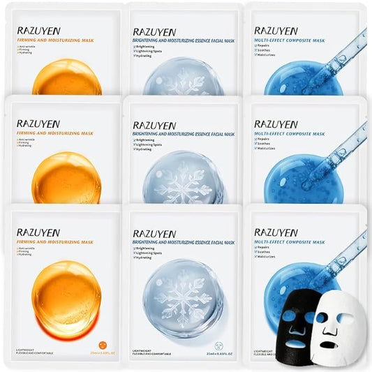 Face Sheet Masks (9 Variety Packs), with Peptides, Vitamin C and Panthenol B5, Anti-aging, Brightening, Soothing Facial Skincare Gift Set for All Skin Types, Moisturizing and Firming Mask Set