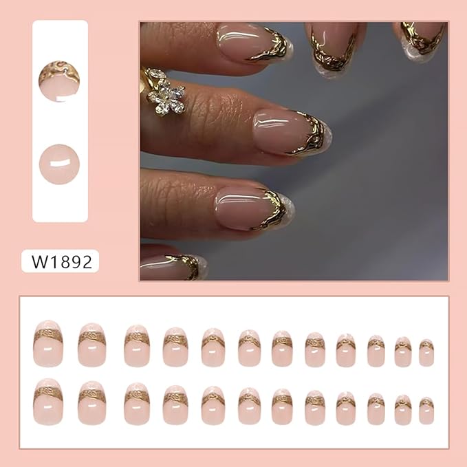 24Pcs White French Tip Press on Nails Medium Almond Fake Nails with 3D Gilded Line Design Glitter False Nails Full Cover Artificial Glue on Nails Nude Stick on Nails Reusable Nail Supplies for Women