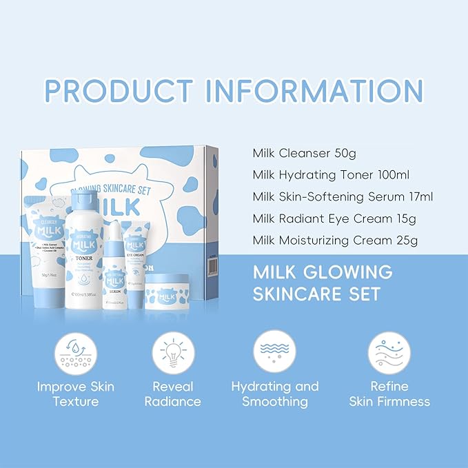 5PCS Milk Skin Care Set for Kids & Women – Skin Care for Teens 10-12, Skincare for Girls 10-12, Milk Skincare Set with Cleanser, Toner, Serum, Face Cream & Eye Cream – Gentle Daily Hydration Routine