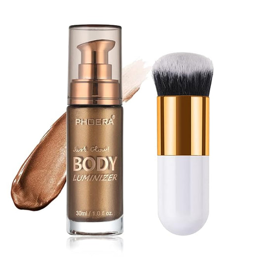 Body Shimmer Oil, Glistening Bronze Natural Glow Luminizer, Long Lasting Waterproof Moisturizing Liquid Illuminator Highlighter Makeup for a Sun-Kissed Glow, Brush Include, 1oz, Medium