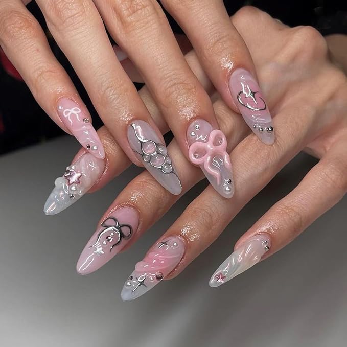 24Pcs Pink Press on Nails Medium Almond Fake Nails with 3D Bow Star Rhinestones Pearl Design Silver Chrome Star Full Cover False Nails White Pink Ombre French Tip Glue on Nails for Women