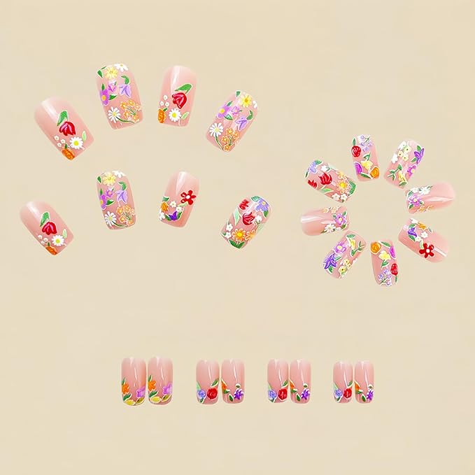 24Pcs Medium Square Glossy Flower Fake Nails - Colorful 3D Flowers Acrylic Press On Nails - Full Cover Artificial Glue On Nails - Spring Summer Nail Supplies for Women DIY Manicure Salon