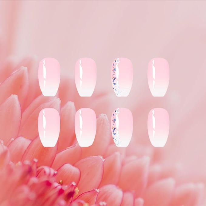 24Pcs Pink Gradient Press on Nails Sequin Gel Glue on Fingernails White Ombre Acrylic Full Cover Fake Nails Glossy Silver Glitter Medium Coffin False Nail Simple Stick on Nail for Holiday Manicure Art
