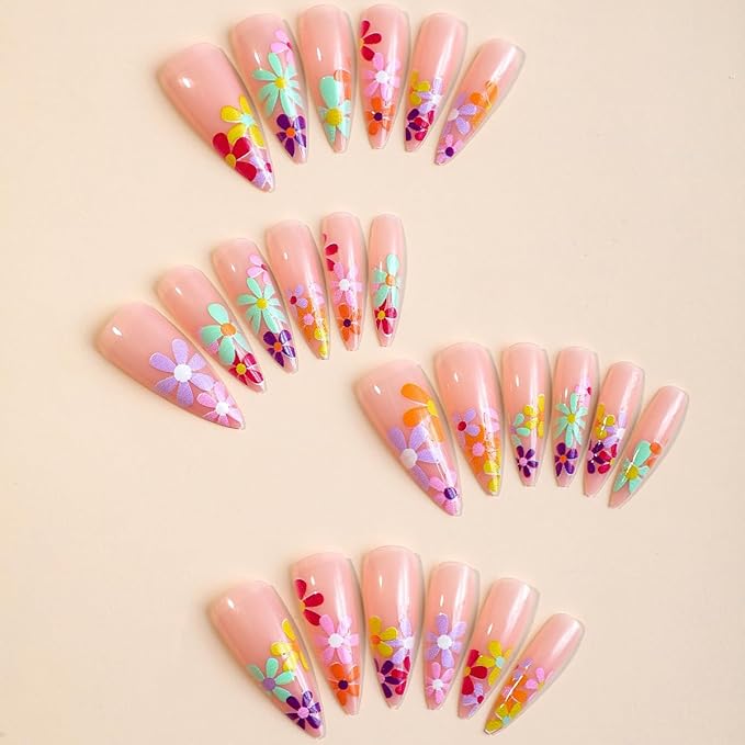 24 Pcs Nude Pink Press on Nails Long Stiletto With Daisy Flower Tips - Glue on Colorful Dopamine Exquisite Design Glossy Acrylic Almond False Nails for Women Summer Nail Art