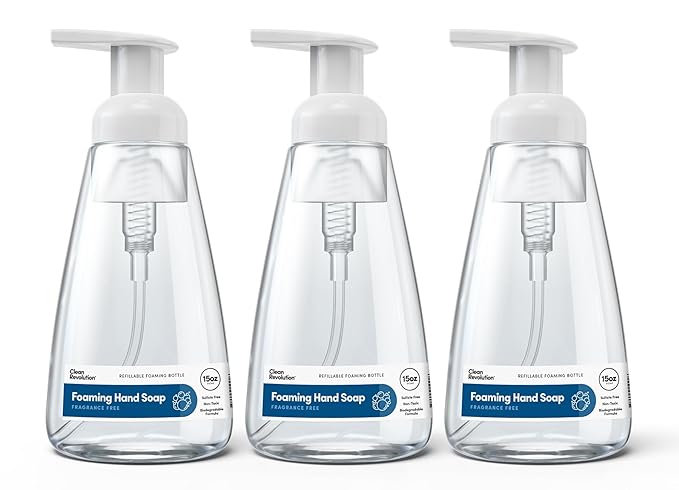 Clean Revolution Ready to Use Foaming Hand Soap| Three Pack | Jumbo 15oz Bottles | Gentle, Moisturizing & Eco-Friendly | Real Essential Oils | Fragrance Free | 45 Total Fl Oz, Clear
