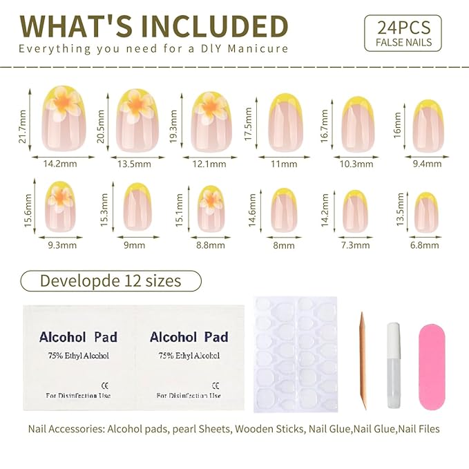 Yellow French Press on Nails with Flower Designs Short Oval Fake Nails Nude Glossy Acrylic Press in Nails Full Cover Stick on Nails for Women Nail Manicure 24 Pcs