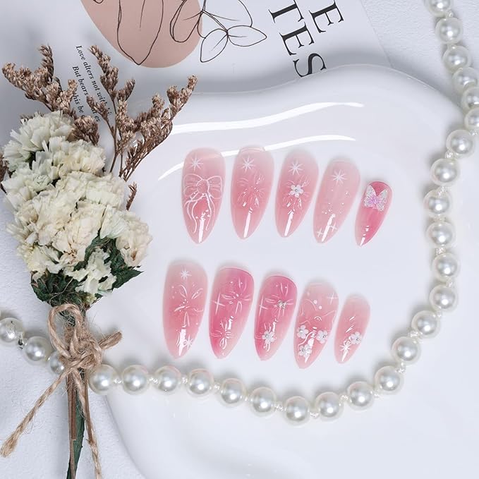 24Pcs Pink Press on Nails Medium Almond Fake Nails 3D Flower False Nails Cute Glossy Glue on Nails with Bow Designs Pink Almond Shaped Artificial Nails Full Cover Stick on Nails for Women Manicure