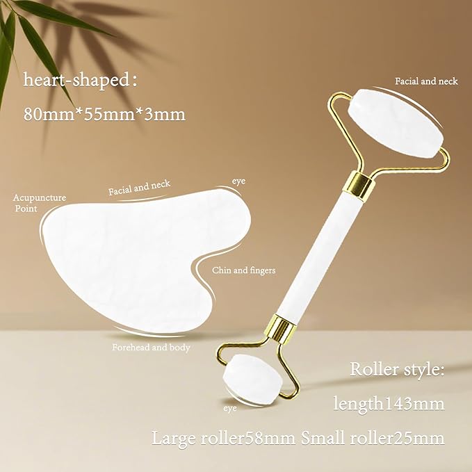 Jade Roller Gua Sha Tools - Nature Gua Sha Facial Tool Skin Tightening Face Massager Anti-Aging Jade Face Roller Puffiness Reducing Guasha Stone for Women Men (White)