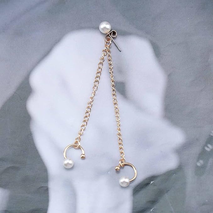 Vintage Pearl Cuff Chain Earrings Gold Chain Ear Cuffs Dangle Chain Cartilage Earrings Pearl Studs Earrings Cartilage Helix Earrings Helix to Lobe chain earrings Jewelry for Women and Girls (Gold A)