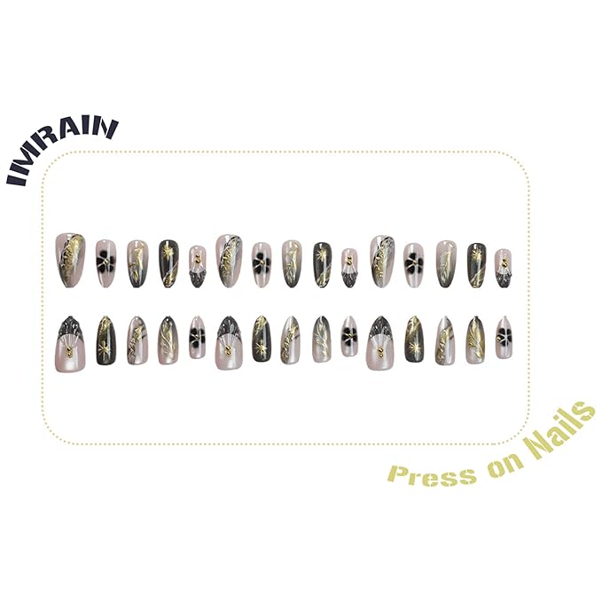 IMRAIN Press on Nails Medium Almond Fake Nails Black Ombre & Cat's Eye False Nails Full Cover Acrylic Glue on Artificial Nails Glossy Stick on Nails for Women Girls DIY Manicure 24Pcs