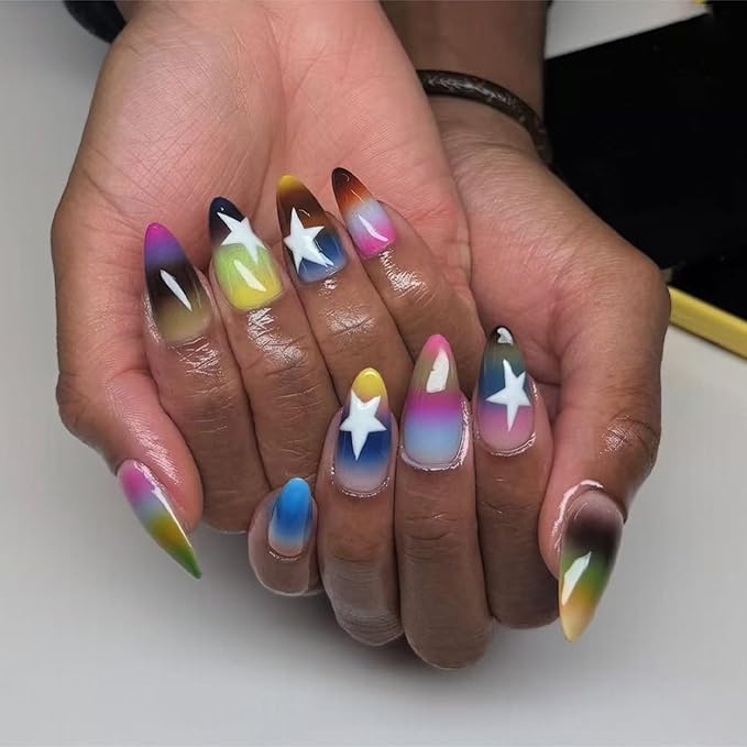 IMRAIN Press on Nails Medium Almond Fake Nails Rainbow Gradient False Nails with Star Designs Full Cover Colorful Ombre Glossy Glue on Nails Acrylic Y2K DIY Nail Art Stick on Nails 24Pcs