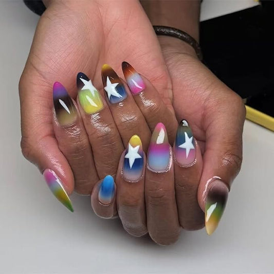 IMRAIN Press on Nails Medium Almond Fake Nails Rainbow Gradient False Nails with Star Designs Full Cover Colorful Ombre Glossy Glue on Nails Acrylic Y2K DIY Nail Art Stick on Nails 24Pcs