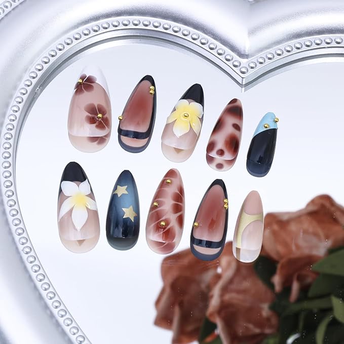 Black French Tip Press on Nails Medium Almond Fake Nails 3D Glitter Gold Beads Design Fall Flower False Nails French Tip Star Acrylic Nails Brown Glossy Glue on Nail for Women Manicure 24Pcs