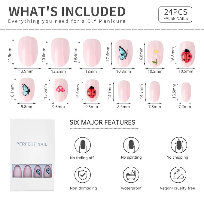 3D Nature Press On Nails Short Oval 24PCS Cute Fake Nails with Butterfly, Ladybug, Mushroom & Flower Art, Pink Glossy Acrylic Stick On Nails with Glue Kit for Girls & Women