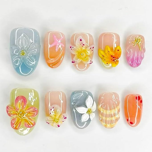 30pcs Cute Flower Press on Nails Short Almond Fake Nails With 3d Colorful Floral Gold Beads Designs Summer Autumn Flowers False Nails Star Artificial Nail Tips Glossy Glue on Nails For Women Manicure
