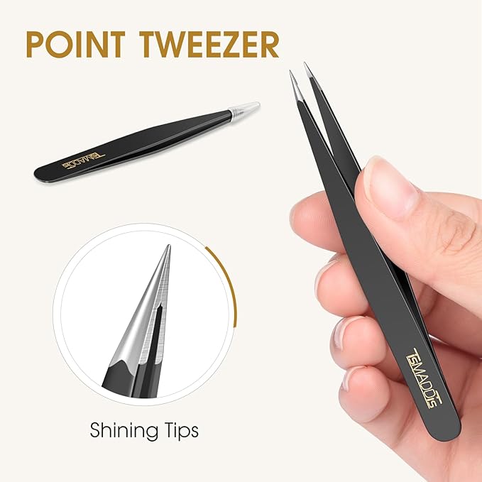 TsMADDTs Slant and Point Tip Tweezers for Women and Men, 2-Pack Professional Stainless Steel Precision Tweezers for Eyebrows, Facial Hair, Ingrown Hair Removal