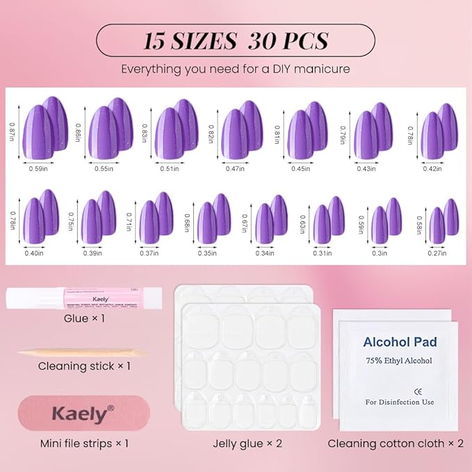 evpct Press on Nails Almond Short, Violet Purple Glitter Shimmer Shiny Short Almond Fake Nails for Women Gift, Soft Gel Press Glue On Nails with Nail Glue 30Pcs Reusable Acrylic Fake Nail Manicure Kit