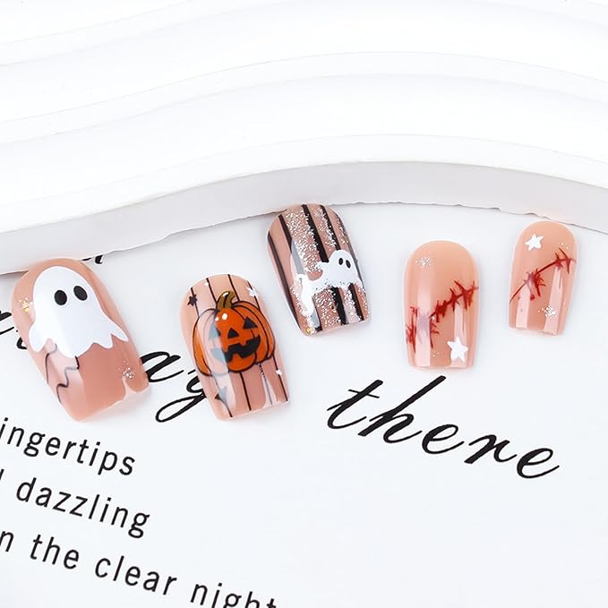 Halloween Press on Nails Medium Square Pumpkin Fake Nails Glitter False Nail with Cute Ghost Designs Glossy Glue on Nails Blood Scar Star Acrylic Nail Holiday Manicure for Women 24Pcs