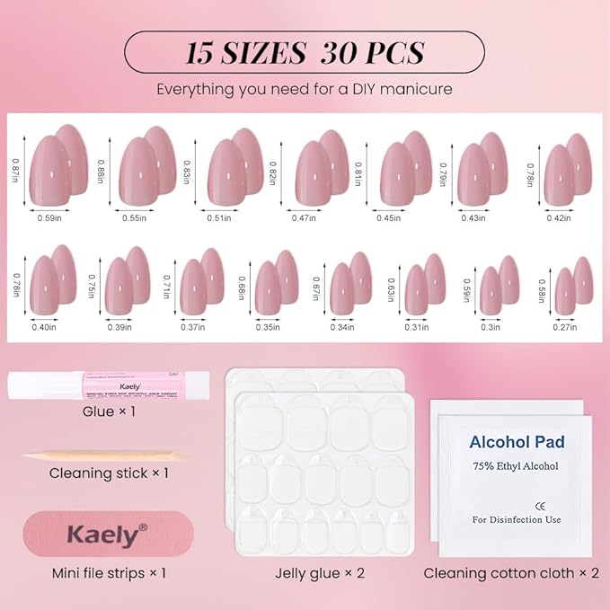 evpct Glossy Press on Nails Short Almond Short for Women, Mauve Rose Fake Nail with Glue Salon Quality Reusable Stick on Nails In 15 Sizes 30Pcs Full Cover False Nail Soft Gel Set Kit for Gift, 10