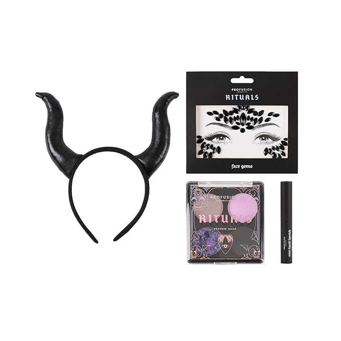 Profusion Cosmetics Rituals 4 PC Look Kit Includes Face Gems, Shadow and Glitter Quad, and Eyeshadow Brush, Along With Somber Matte Black Liquid Lipstick, Magical Beauty for Fairy Witches