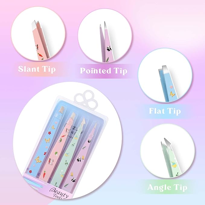 FADLASH Professional Multicolor Tweezers 4Pcs High Precision Stainless Steel Eyebrow Tweezers for Facial Hair, Eyebrow Grooming, Ingrown Hair Splinter Removal Suitable for Women and Men