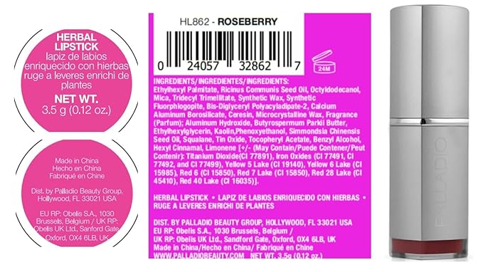 Palladio Herbal Lipstick, Rich Pigmented and Creamy, Infused with Aloe Vera, Chamomile & Ginseng, Prevents Lips from Drying, Combats Fine Lines, Long Lasting Lipstick, Roseberry