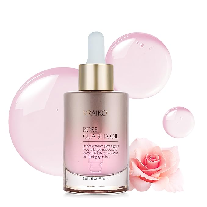 VRAIKO Gua Sha Face Oil Serum | Rosa Rugosa Flower & Jojoba Seed Oil Product | Detox, Plump, Anti-Oxidant, Soothing | Nourish, Cruelty Free, Natural, 1 fl oz