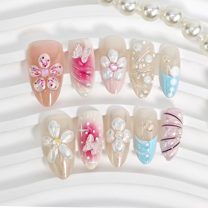 30Pcs Medium Almond French Tip Fake Nails with 3D Flowers, Butterflies, Rhinestones & Glitter Design - Full Cover Pink Gradient Acrylic Nails - 24pcs Summer Press On Nails Set