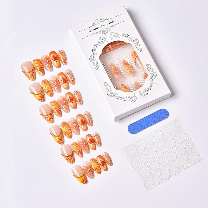 30Pcs Autumn Press on Nails Medium Almond French Tip Fake Nails with 3D Gold Rhinestones Design Fall Flower Acrylic Nails Full Cover Artificial Glue on Nails for Women Thanksgiving Stick on Nail DIY