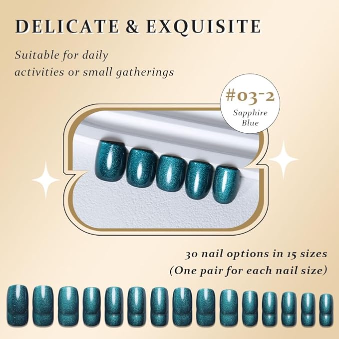 evpct Peacock Blue Cat Eye Press on Nails Short Square, Short Square Stick Glue on Nail for Women Gift, Sapphire Blue Metallic Glitter Reusable Gel Press on Acrylic Fake Nail with Cat Eye Designs