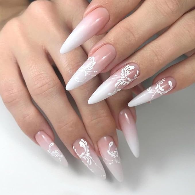 IMRAIN Press on Nails Long Stiletto Fake Nails White Gradient Almond False Nails Full Cover Glossy Gel Nude Artificial Nails with Flower Designs